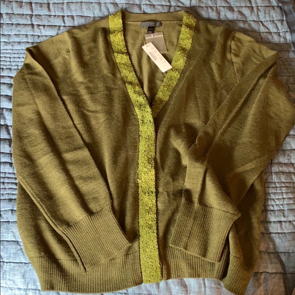 J Crew NWT XL olive green cardigan w sequin trim